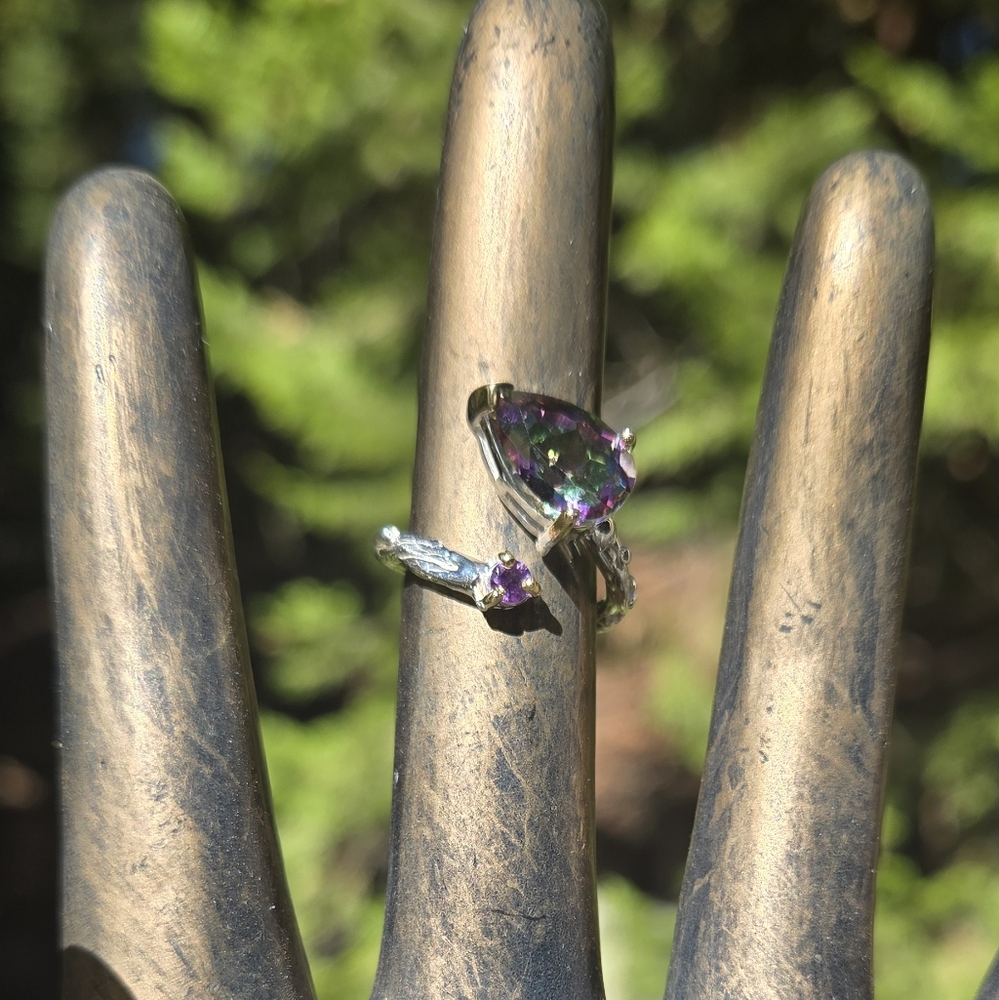 Sultans Mystic Stone & Amethyst Teardrop Sterling & Gold Ring Sz7 - Picture 2 of 10